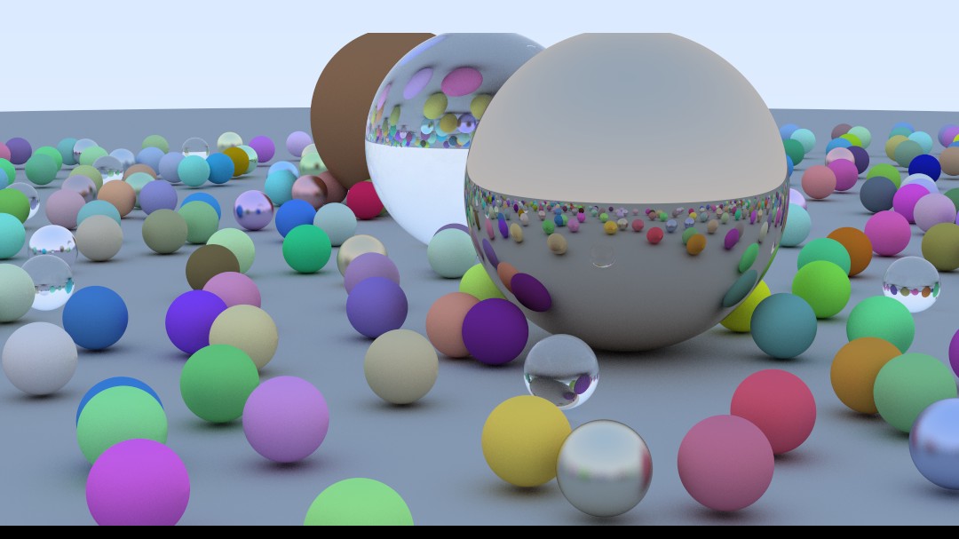 Many spheres with many different materials, each with their own colors, reflections and refractions.