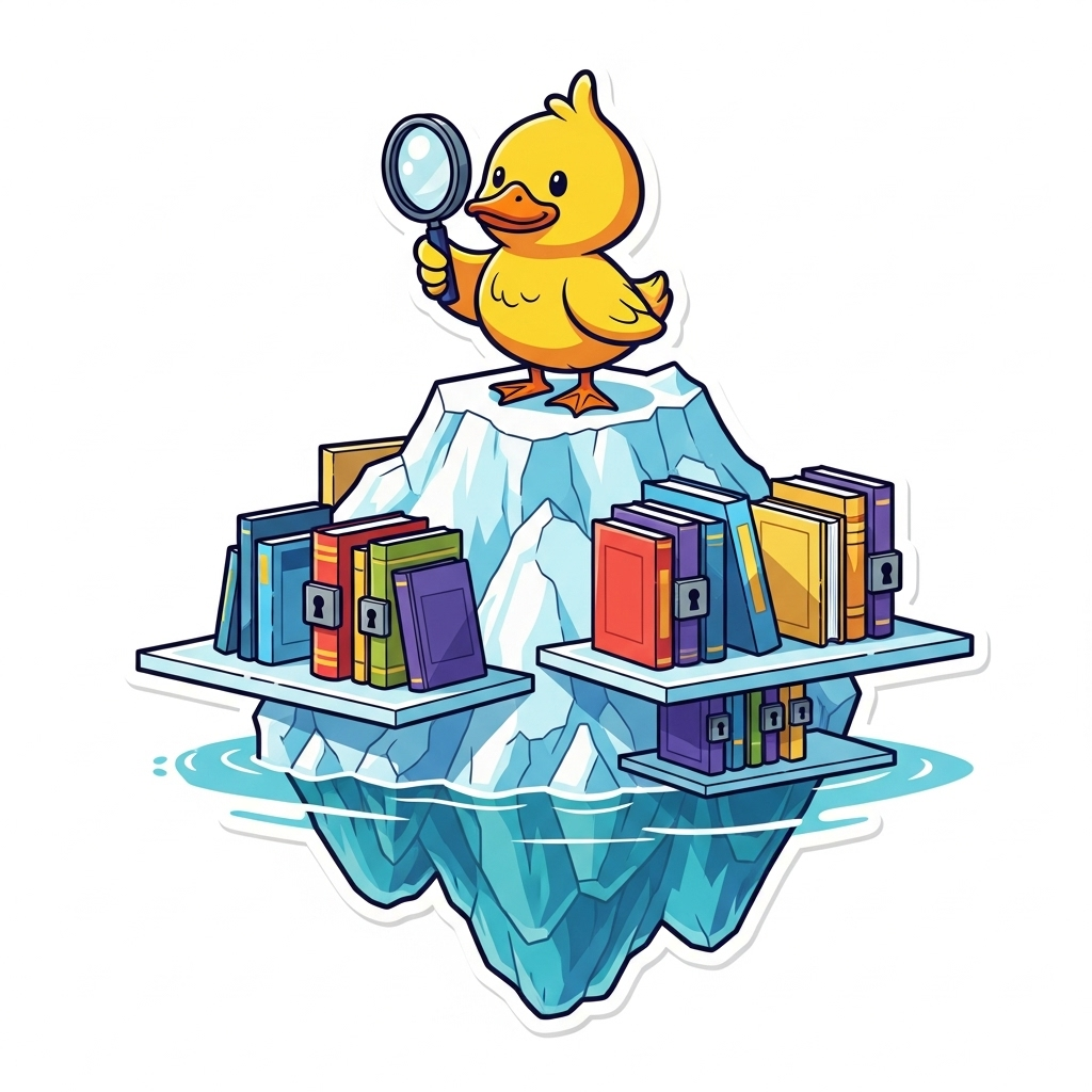 Encrypted Data Skipping in DuckDB Iceberg — a vibrant cartoon illustration of a duck with an iceberg